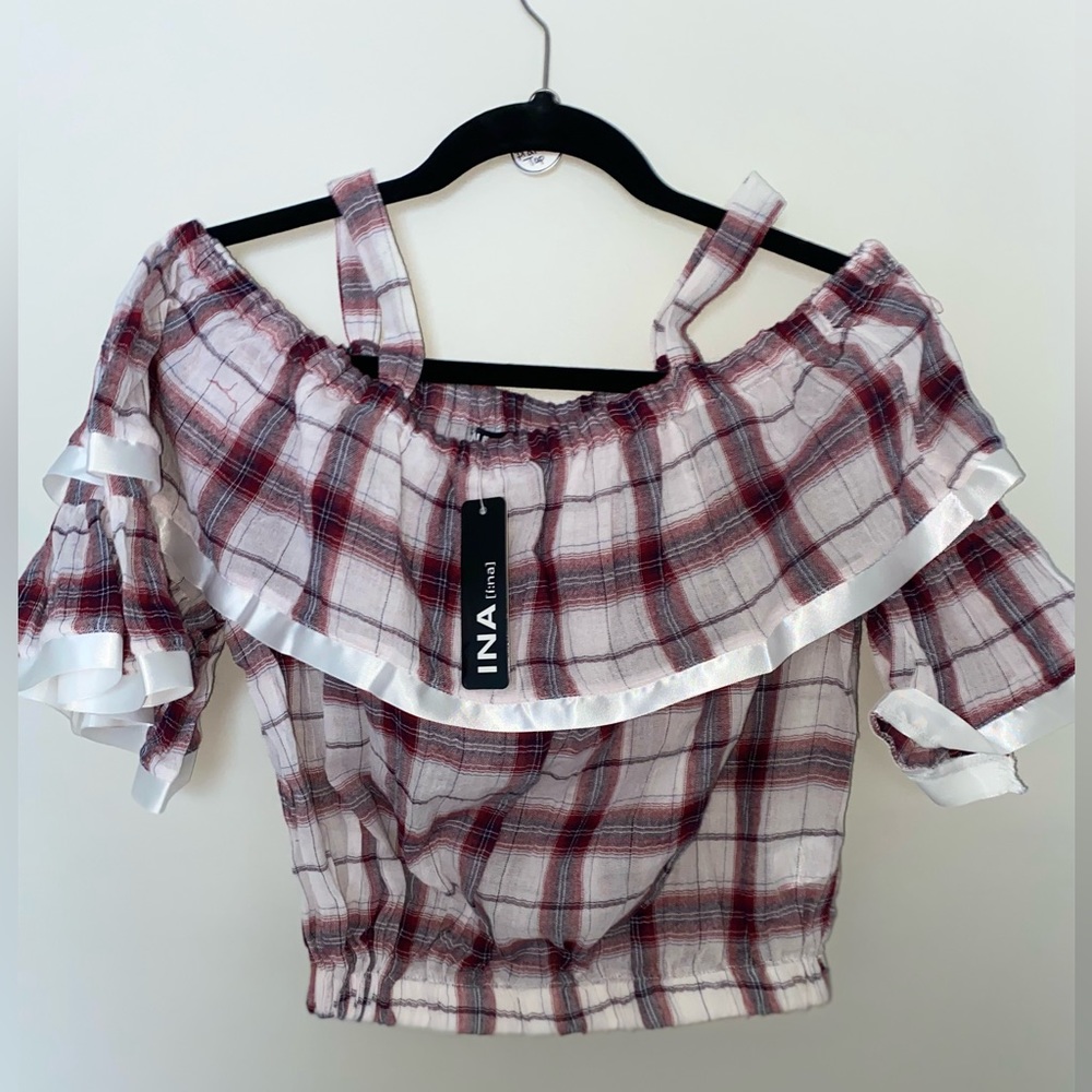 INA plaid off shoulder crop top